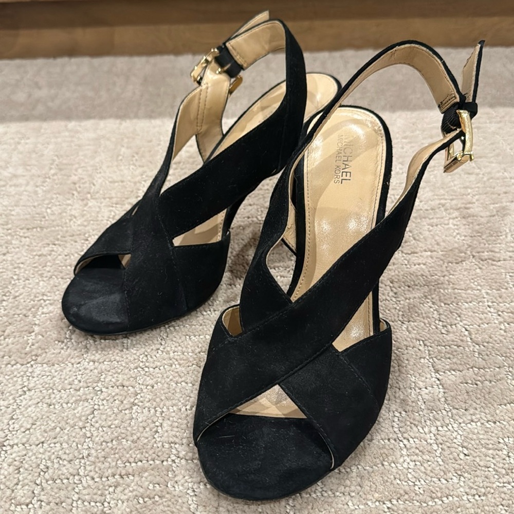 MICHAEL Michael Kors Women’s Black Suede Heels with Gold Buckle